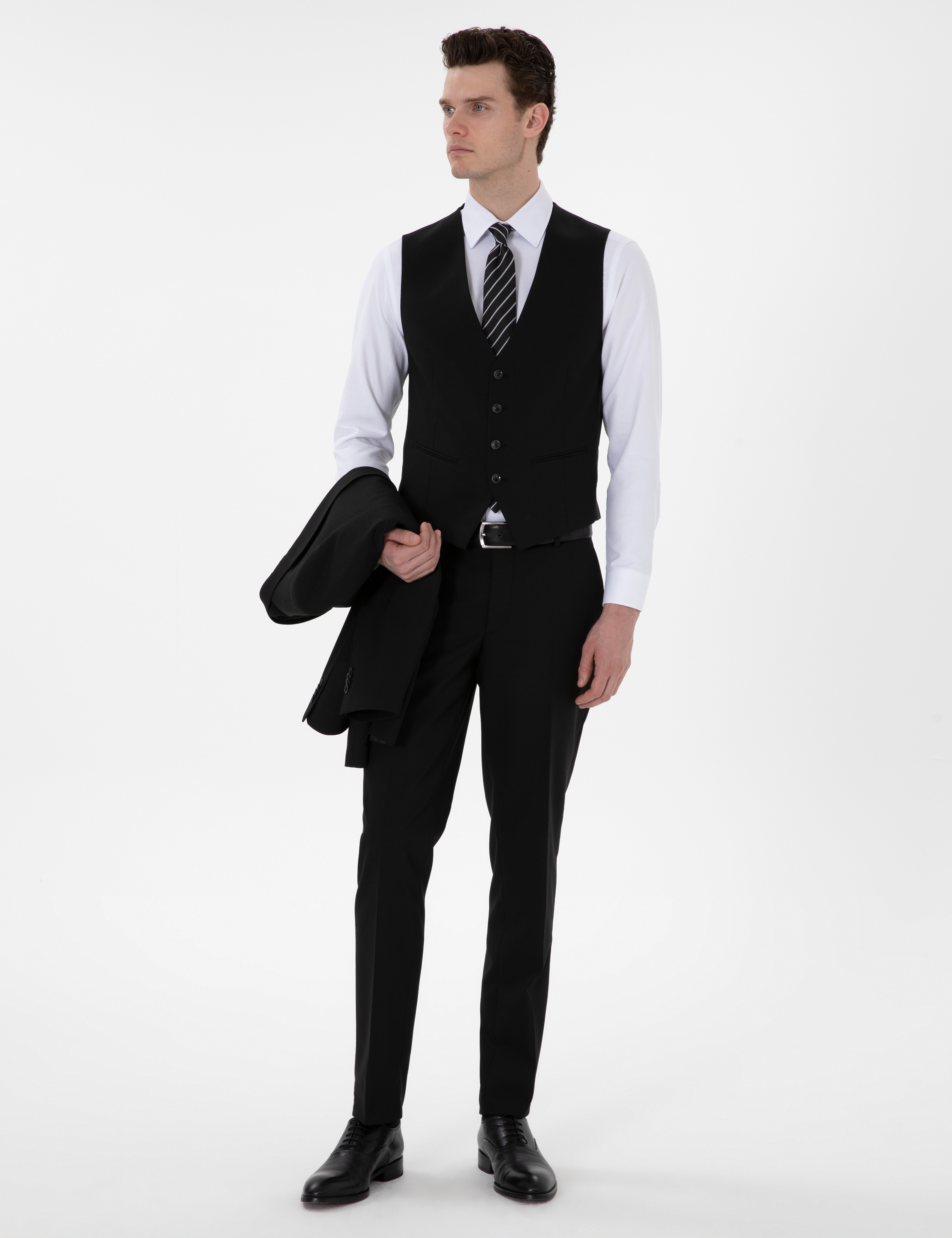 Siyah Extra Slim Fit Yelekli Takım Elbise