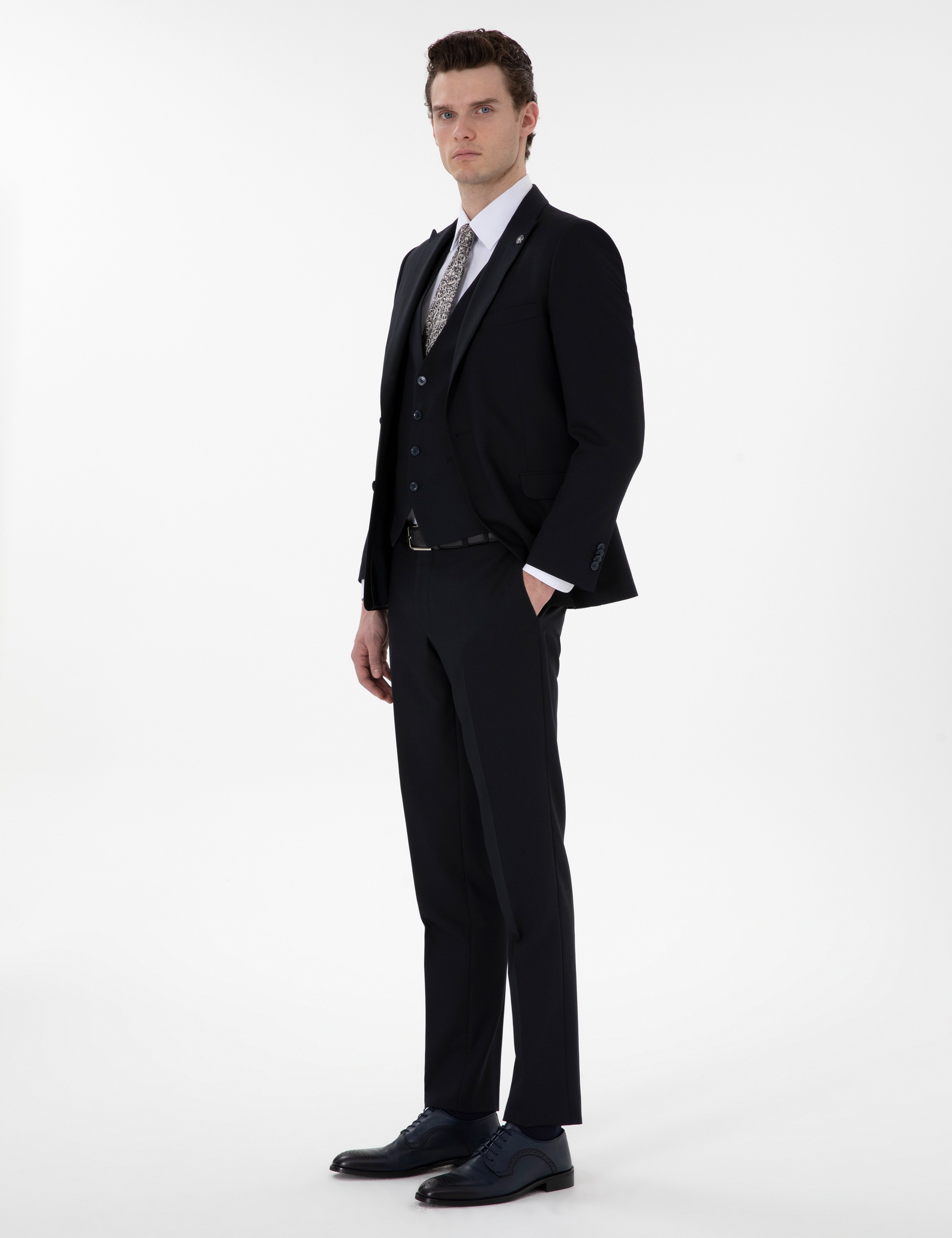 Lacivert Extra Slim Fit Yelekli Takım Elbise - Image 5