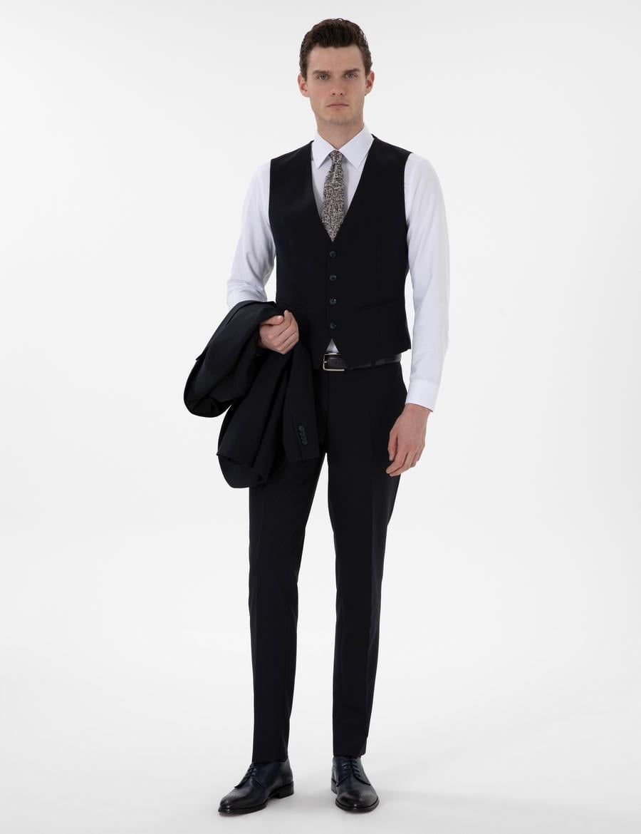 Lacivert Ex. Slim Fit Yelekli Takım Elbise