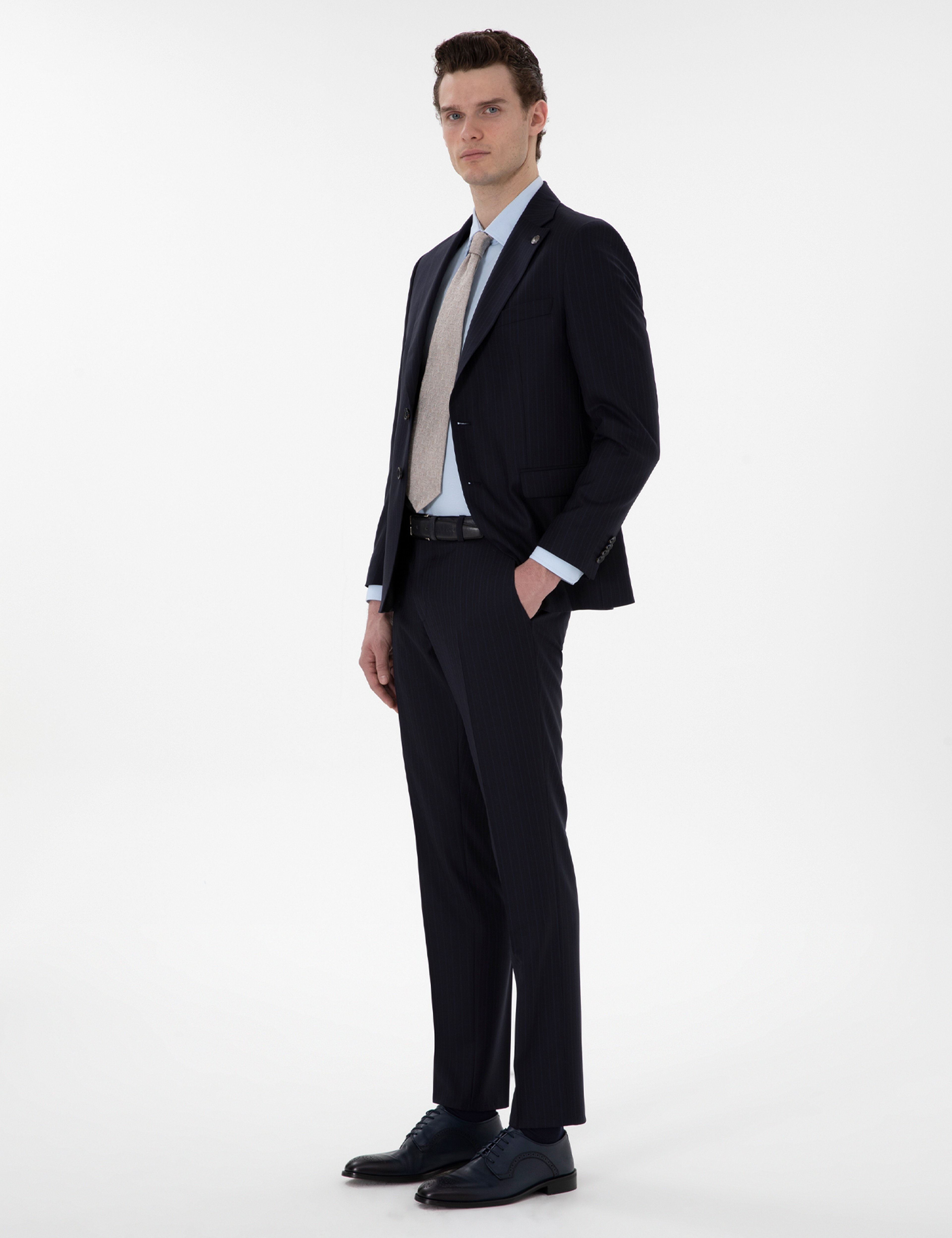 Lacivert Slim Fit Çizgili %100 Yün Takım Elbise