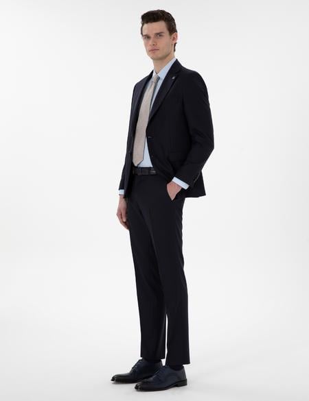 Lacivert Slim Fit Çizgili %100 Yün Takım Elbise - 50303796008