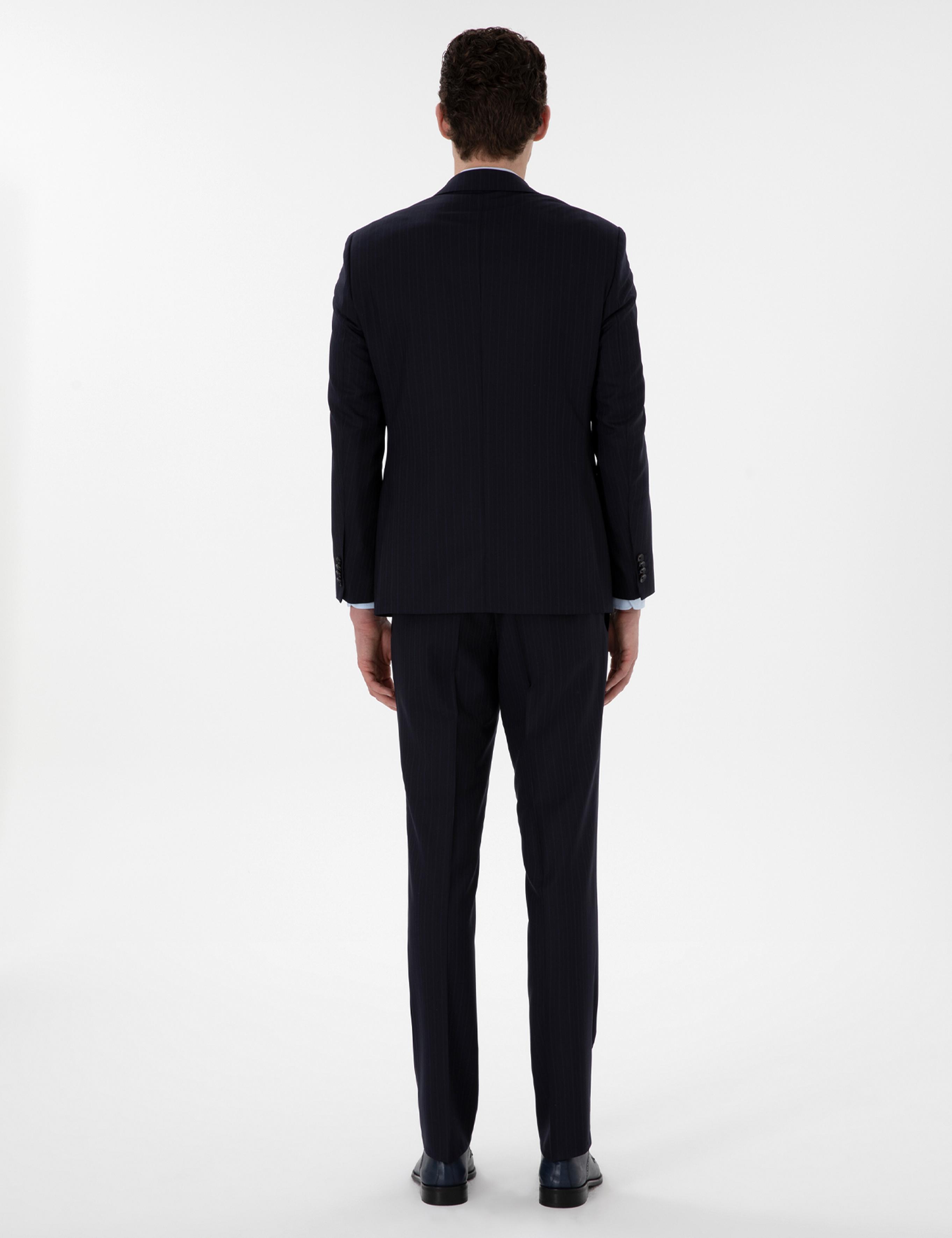 Lacivert Slim Fit Çizgili %100 Yün Takım Elbise