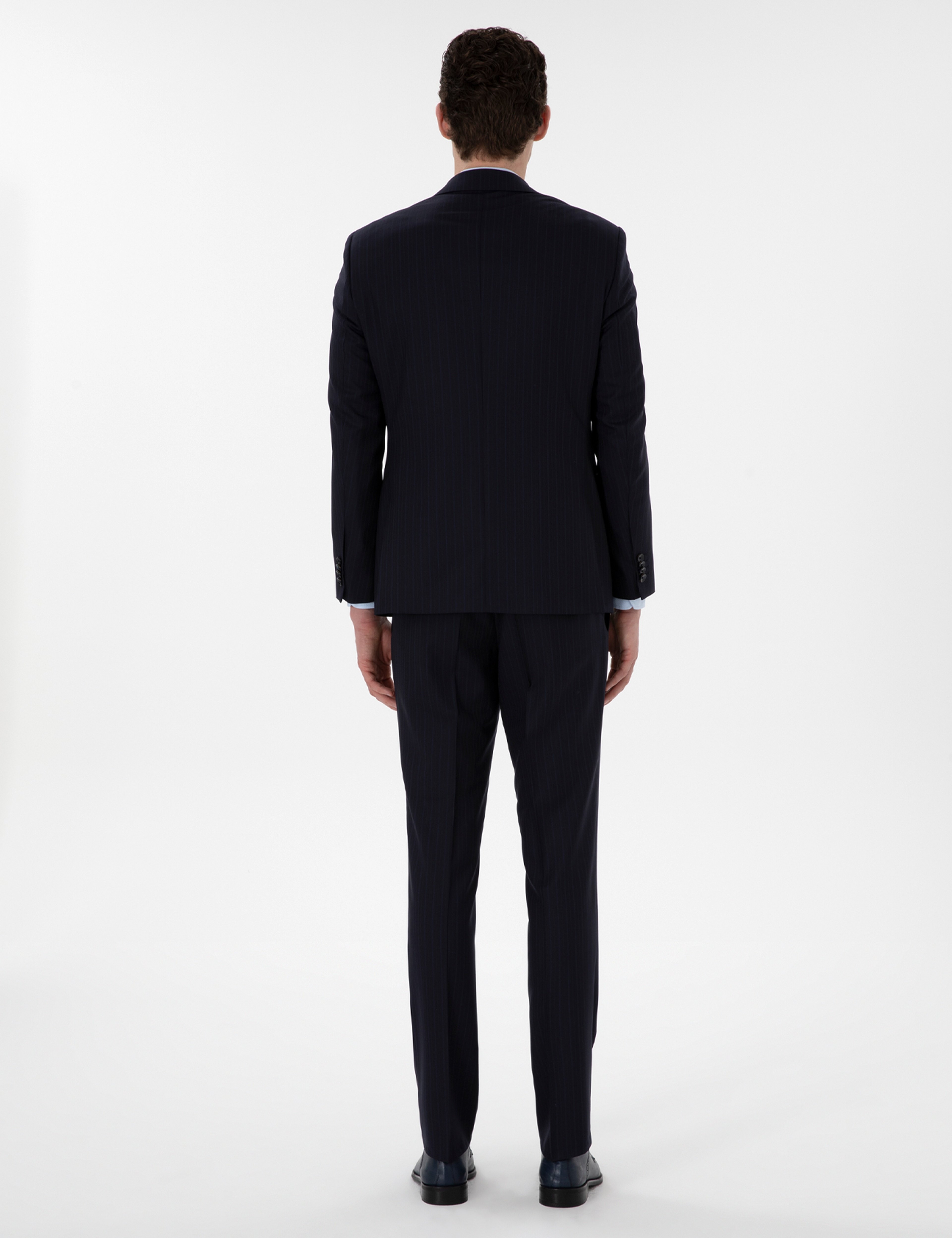 Lacivert Slim Fit Çizgili %100 Yün Takım Elbise