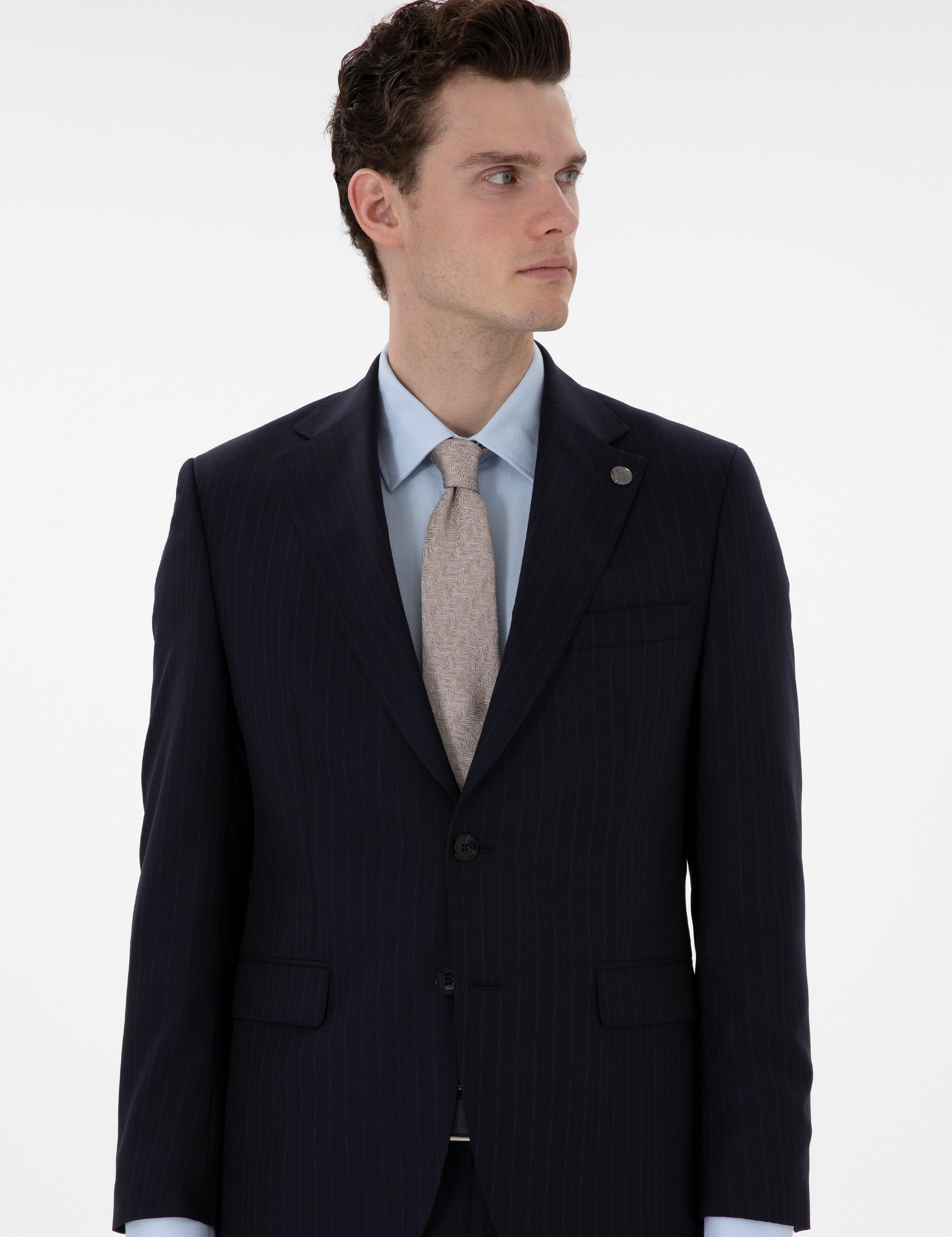 Lacivert Slim Fit Çizgili %100 Yün Takım Elbise