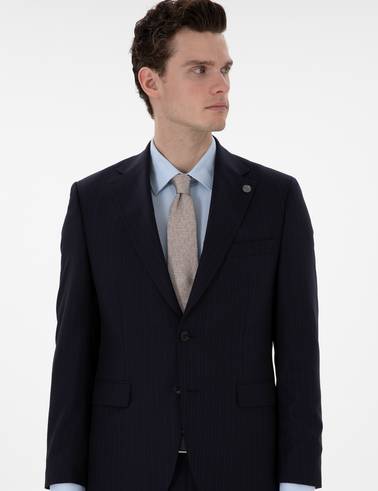 Lacivert Slim Fit Çizgili %100 Yün Takım Elbise