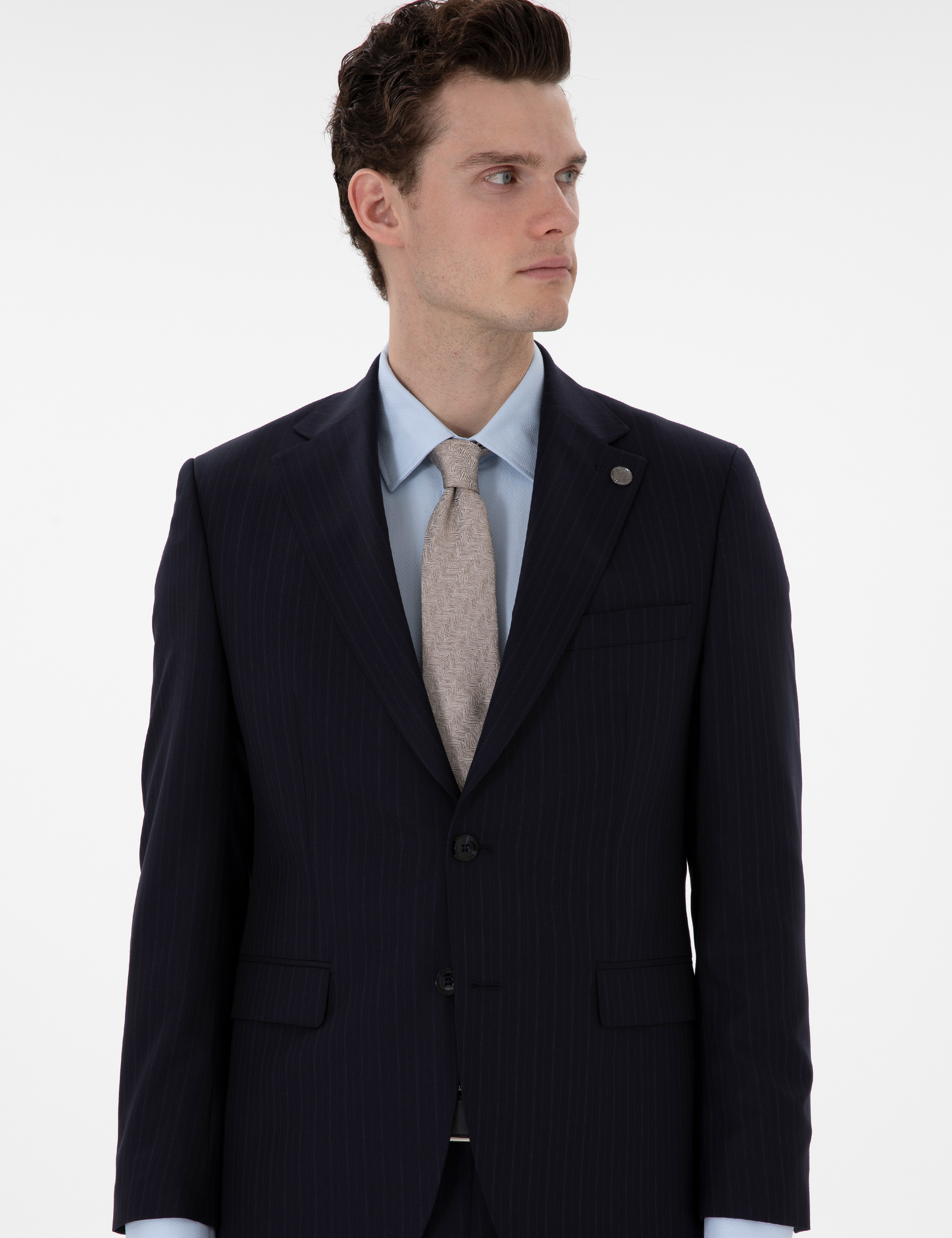 Lacivert Slim Fit Çizgili %100 Yün Takım Elbise - Image 3