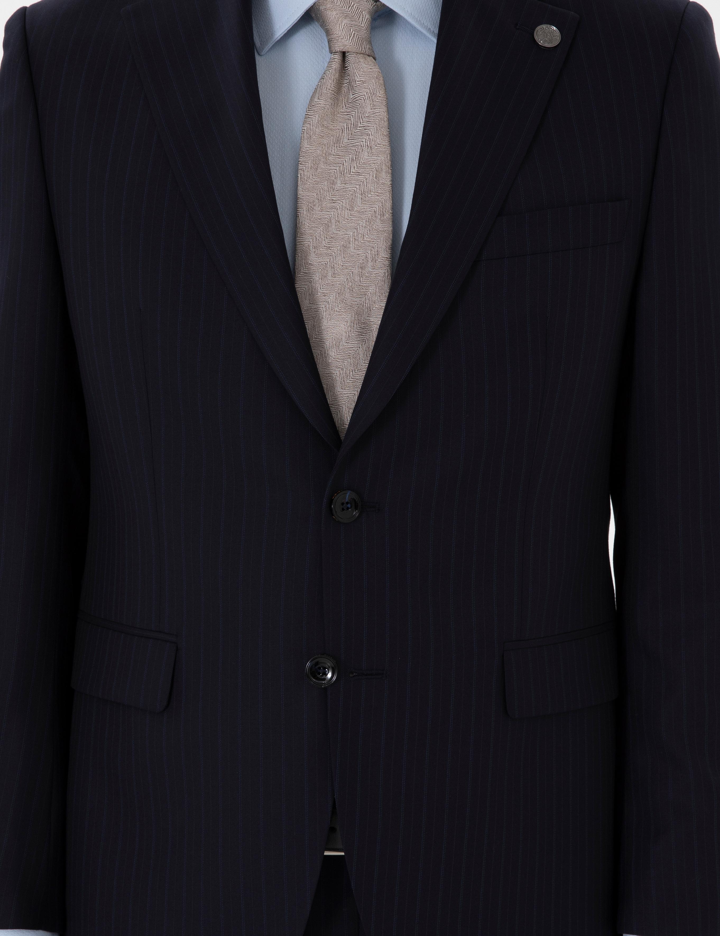 Lacivert Slim Fit Çizgili %100 Yün Takım Elbise