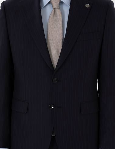 Lacivert Slim Fit Çizgili %100 Yün Takım Elbise