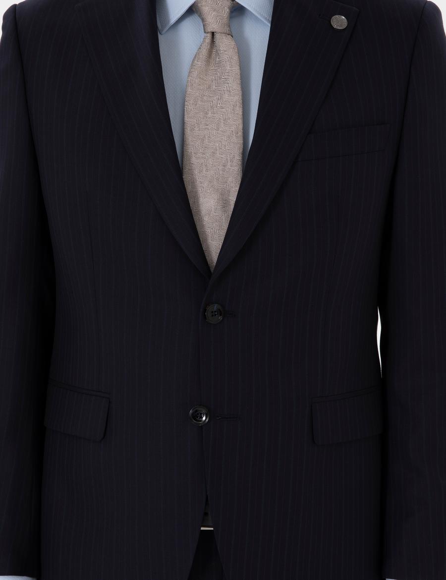 Lacivert Slim Fit Çizgili %100 Yün Takım Elbise