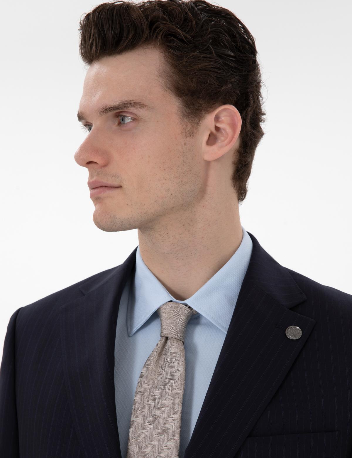 Lacivert Slim Fit Çizgili %100 Yün Takım Elbise - 50303796008