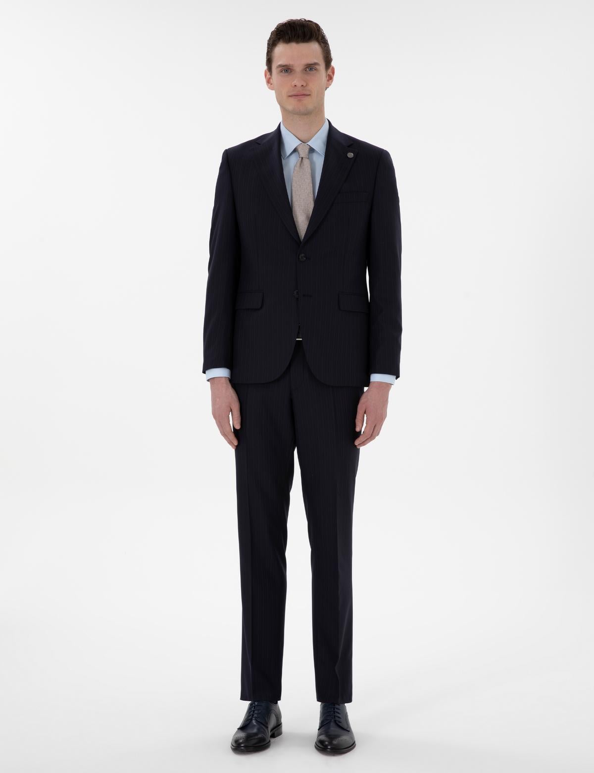 Lacivert Slim Fit Çizgili %100 Yün Takım Elbise