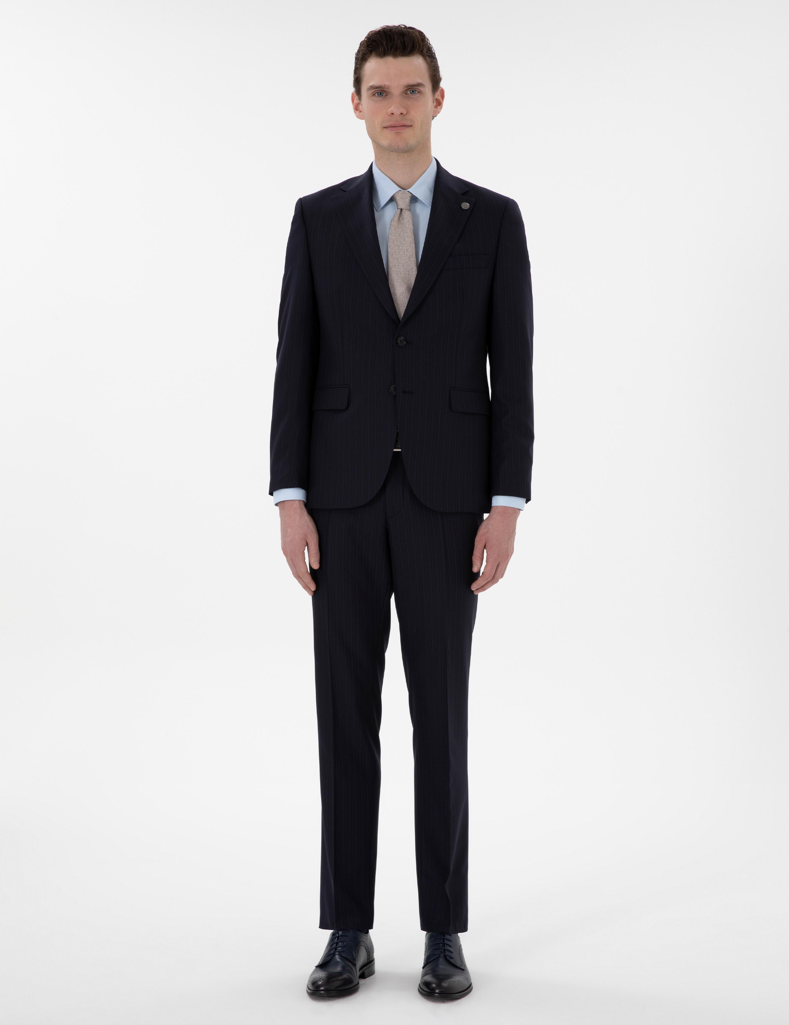 Lacivert Slim Fit Çizgili %100 Yün Takım Elbise