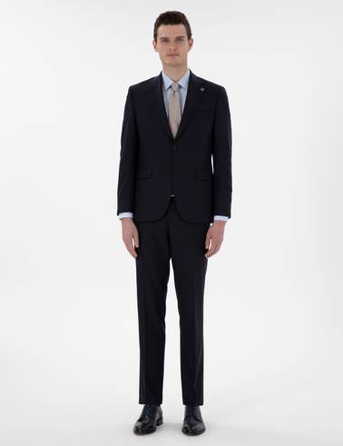 Lacivert Slim Fit Çizgili %100 Yün Takım Elbise
