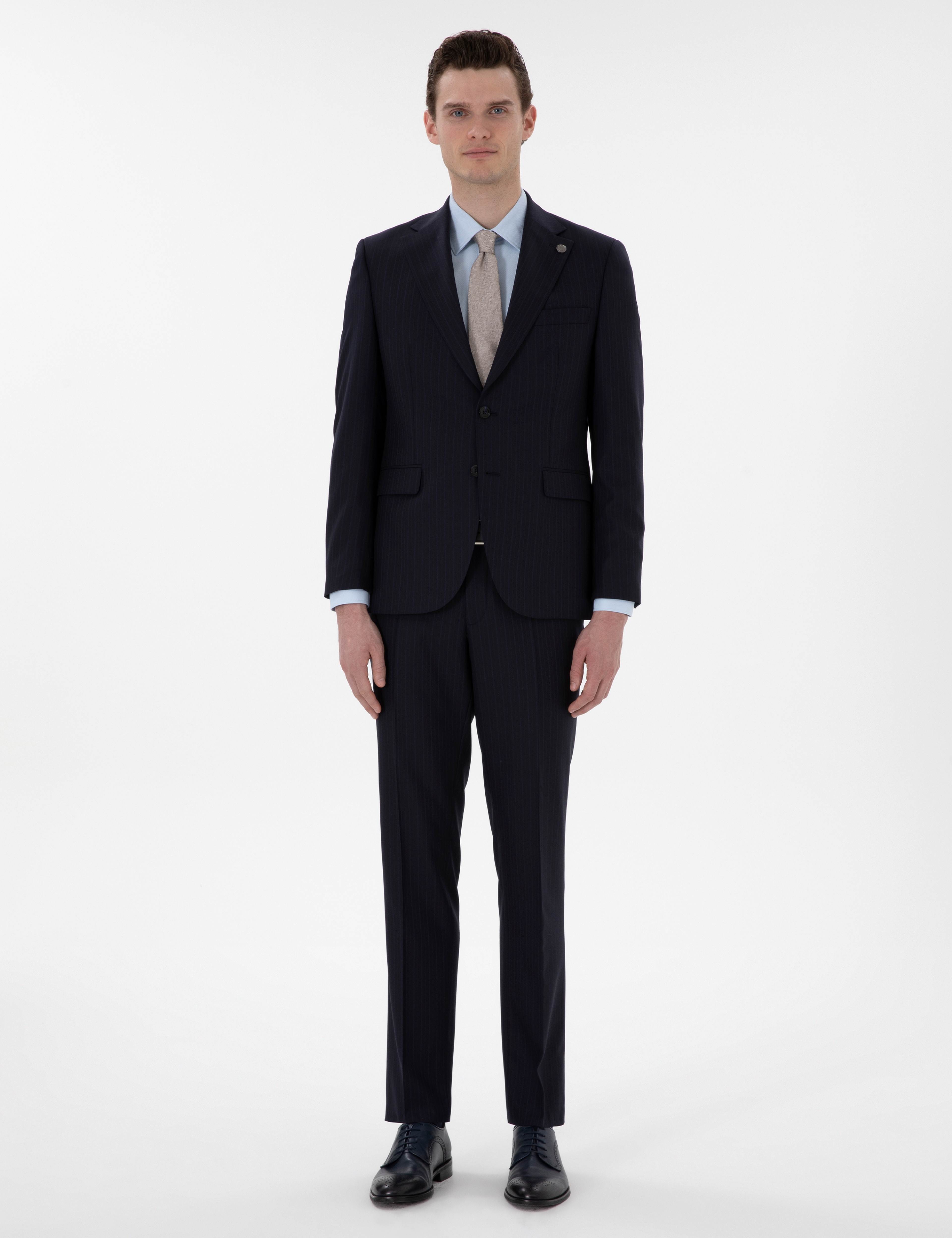 Lacivert Slim Fit Çizgili %100 Yün Takım Elbise - Image 1