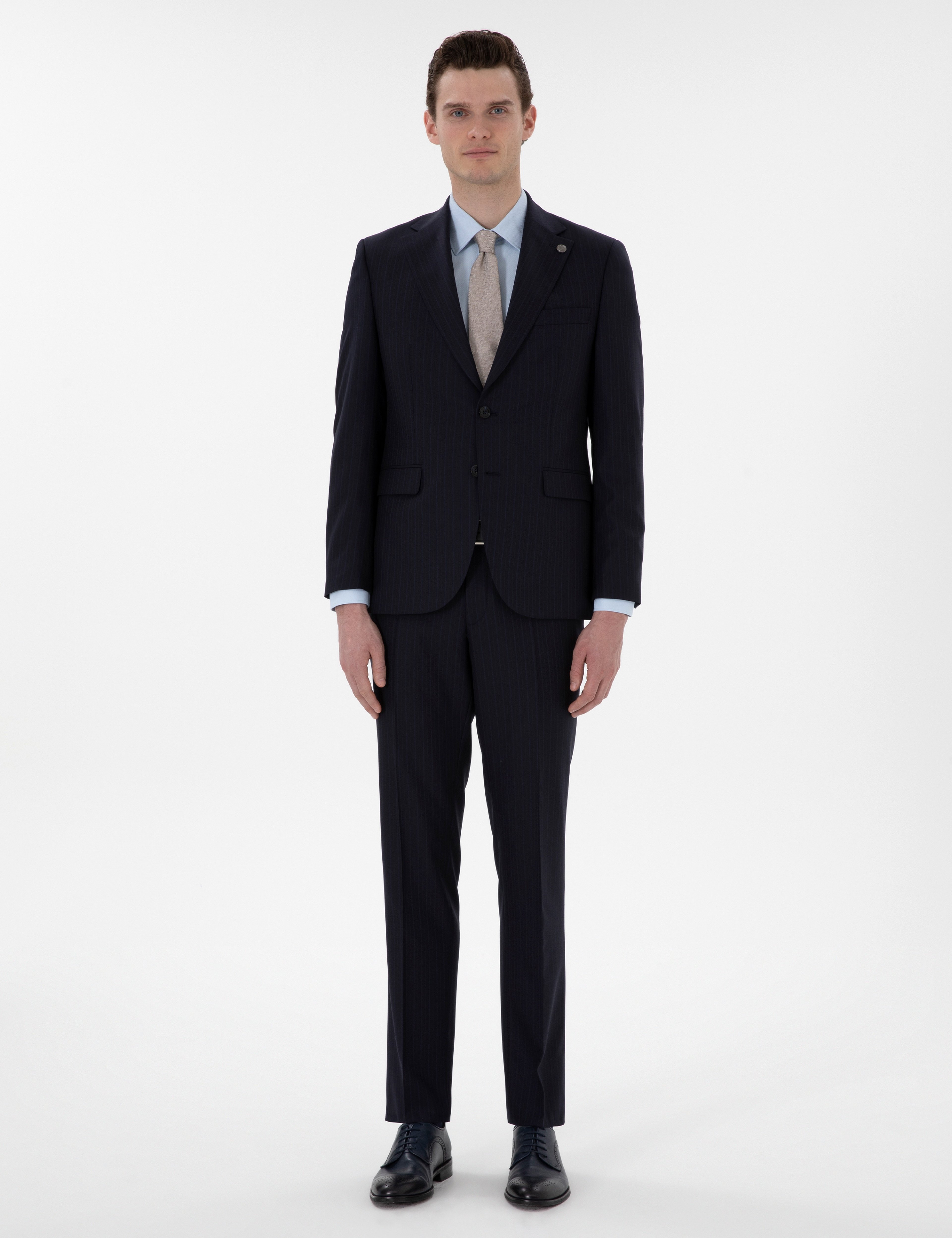 Lacivert Slim Fit Çizgili %100 Yün Takım Elbise
