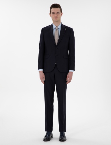 Lacivert Slim Fit Çizgili %100 Yün Takım Elbise