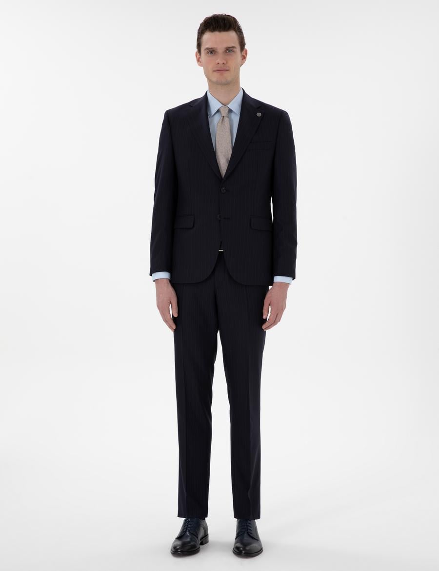 Lacivert Slim Fit Çizgili %100 Yün Takım Elbise