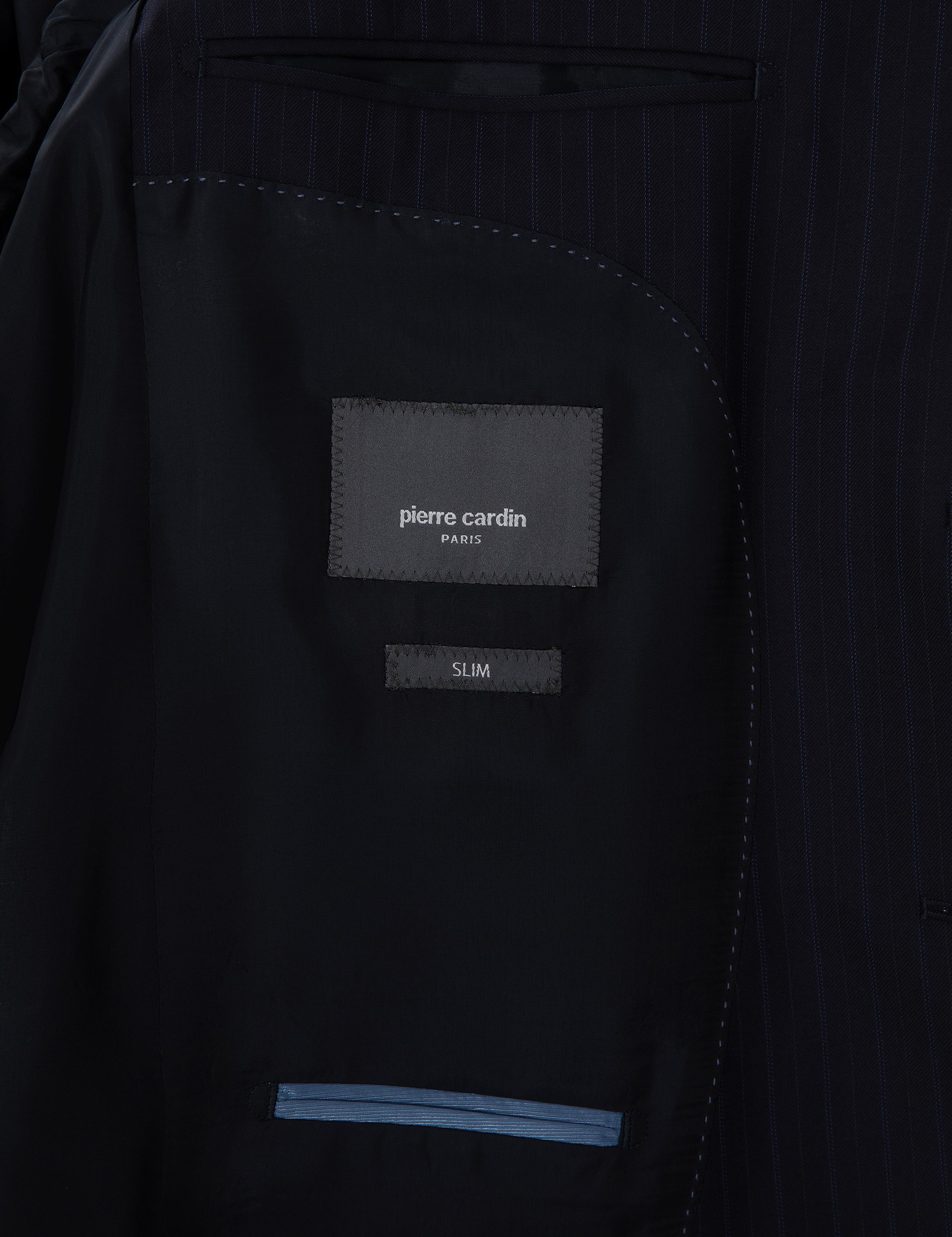 Lacivert Slim Fit Çizgili %100 Yün Takım Elbise