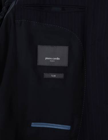 Lacivert Slim Fit Çizgili %100 Yün Takım Elbise