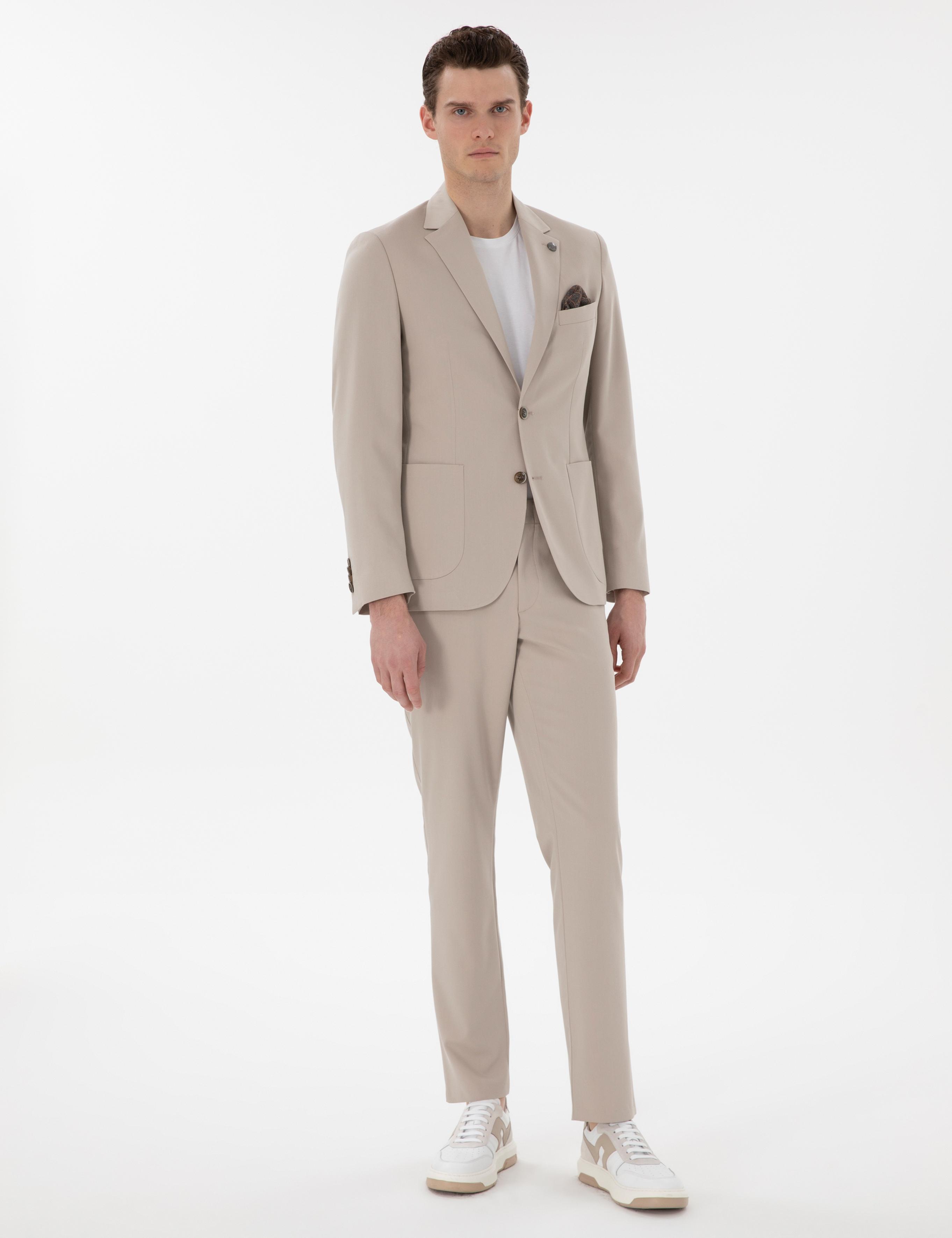 Bej Slim Fit Spor Takım Elbise