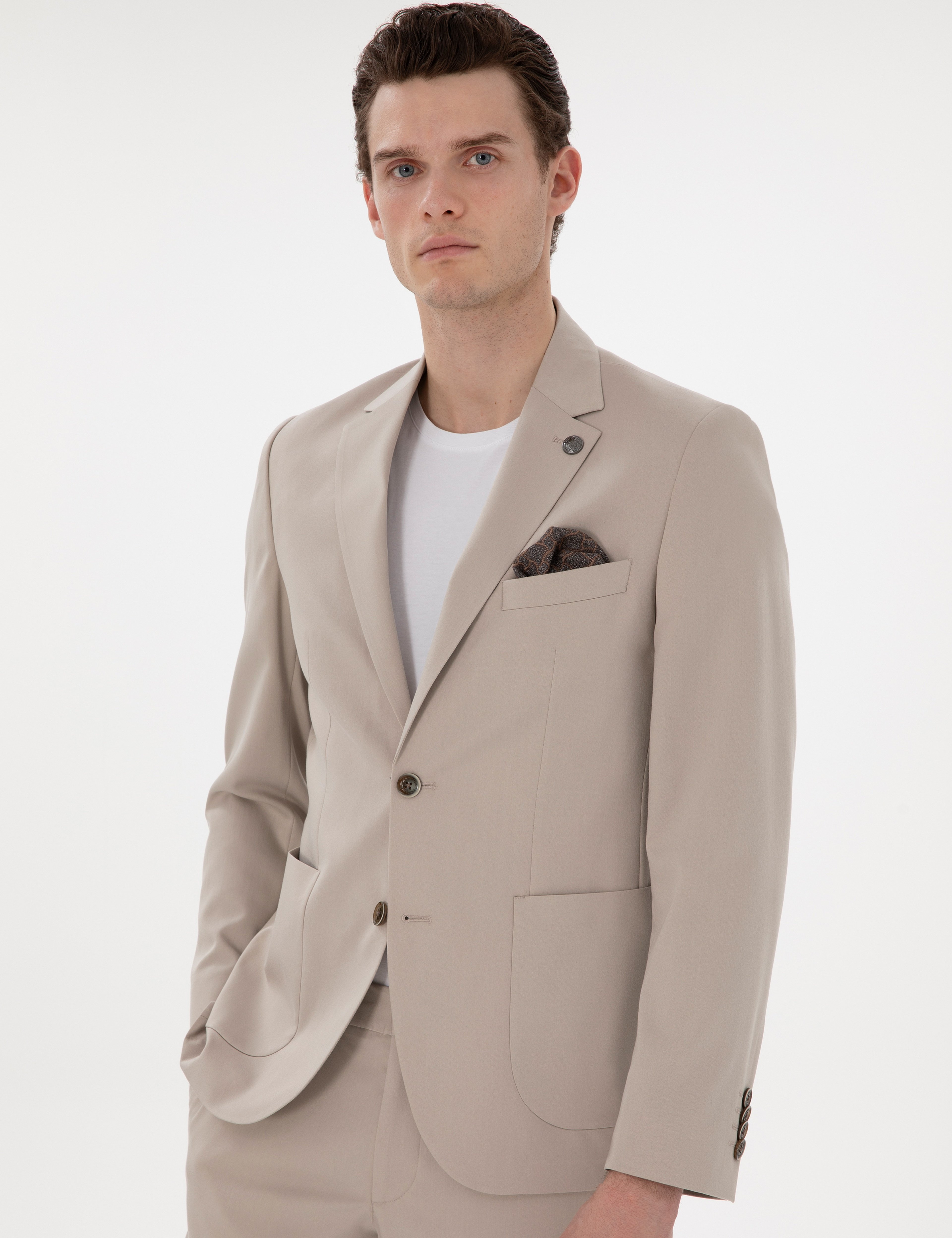 Bej Slim Fit Spor Takım Elbise - Image 3