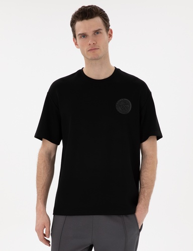 Siyah Comfort Fit Bisiklet Yaka Tişört