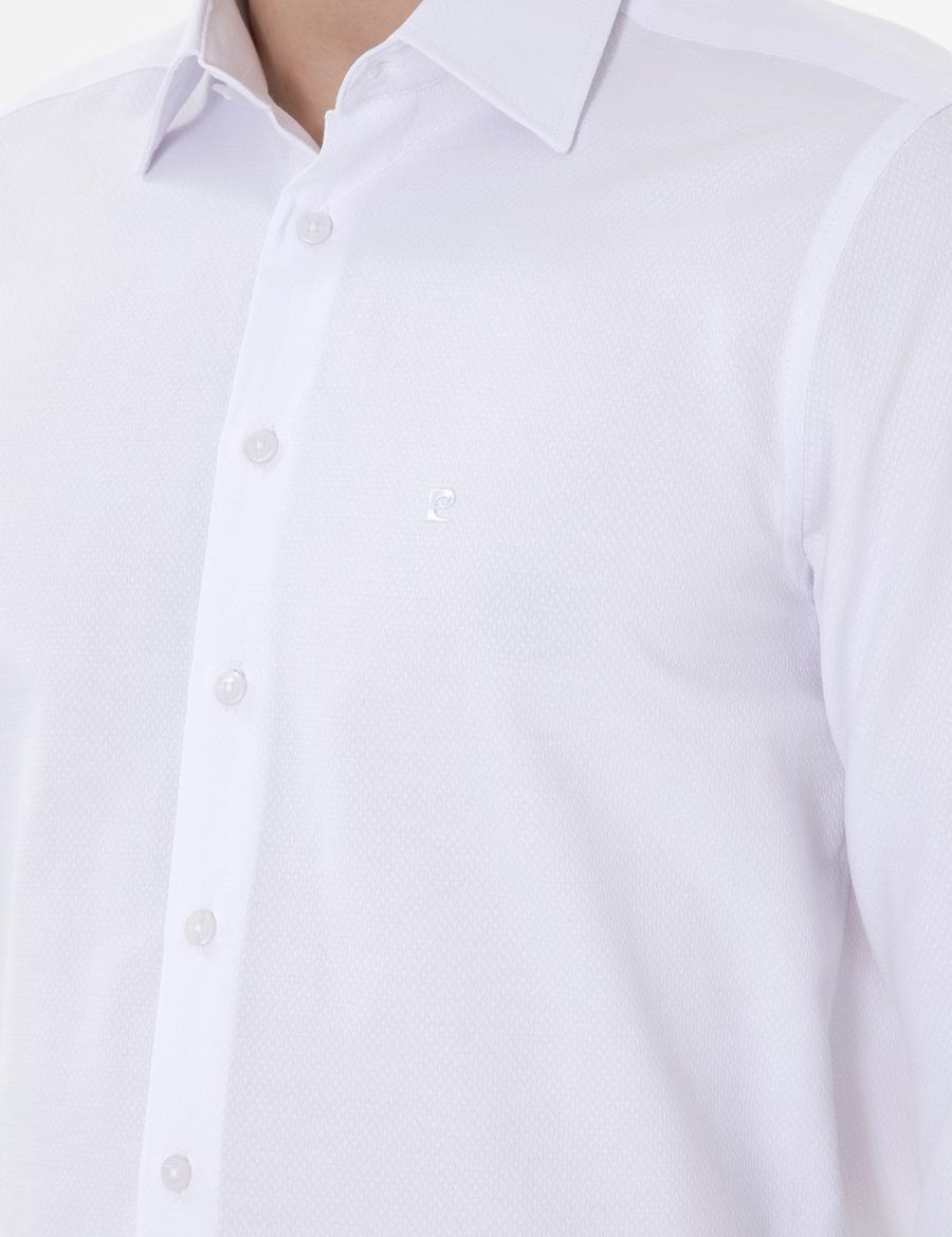 Beyaz Regular Fit Armürlü Uzun Kollu Gömlek
