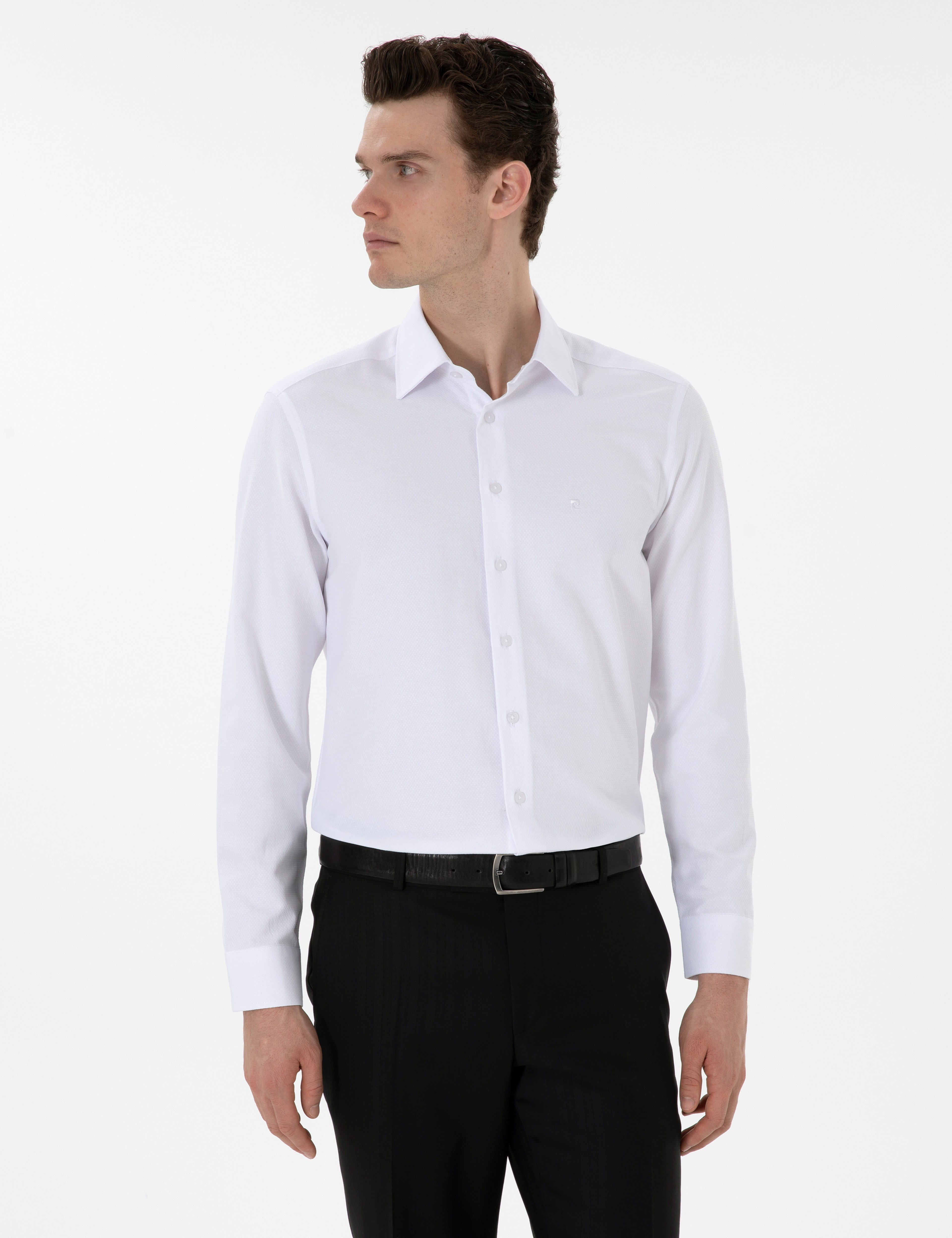 Beyaz Regular Fit Armürlü Uzun Kollu Gömlek - Image 1
