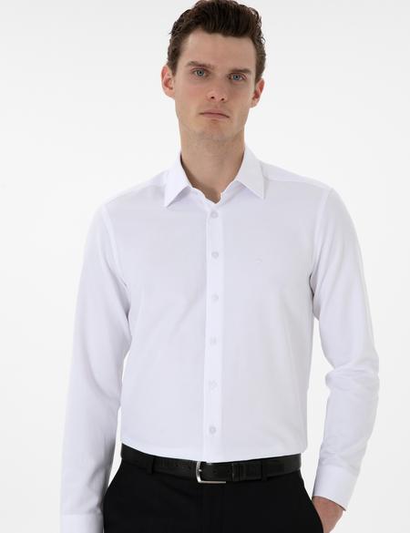 Beyaz Regular Fit Armürlü Uzun Kollu Gömlek - 50303376002
