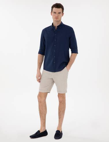 Lacivert Keten Karışımlı Regular Fit Uzun Kollu Gömlek