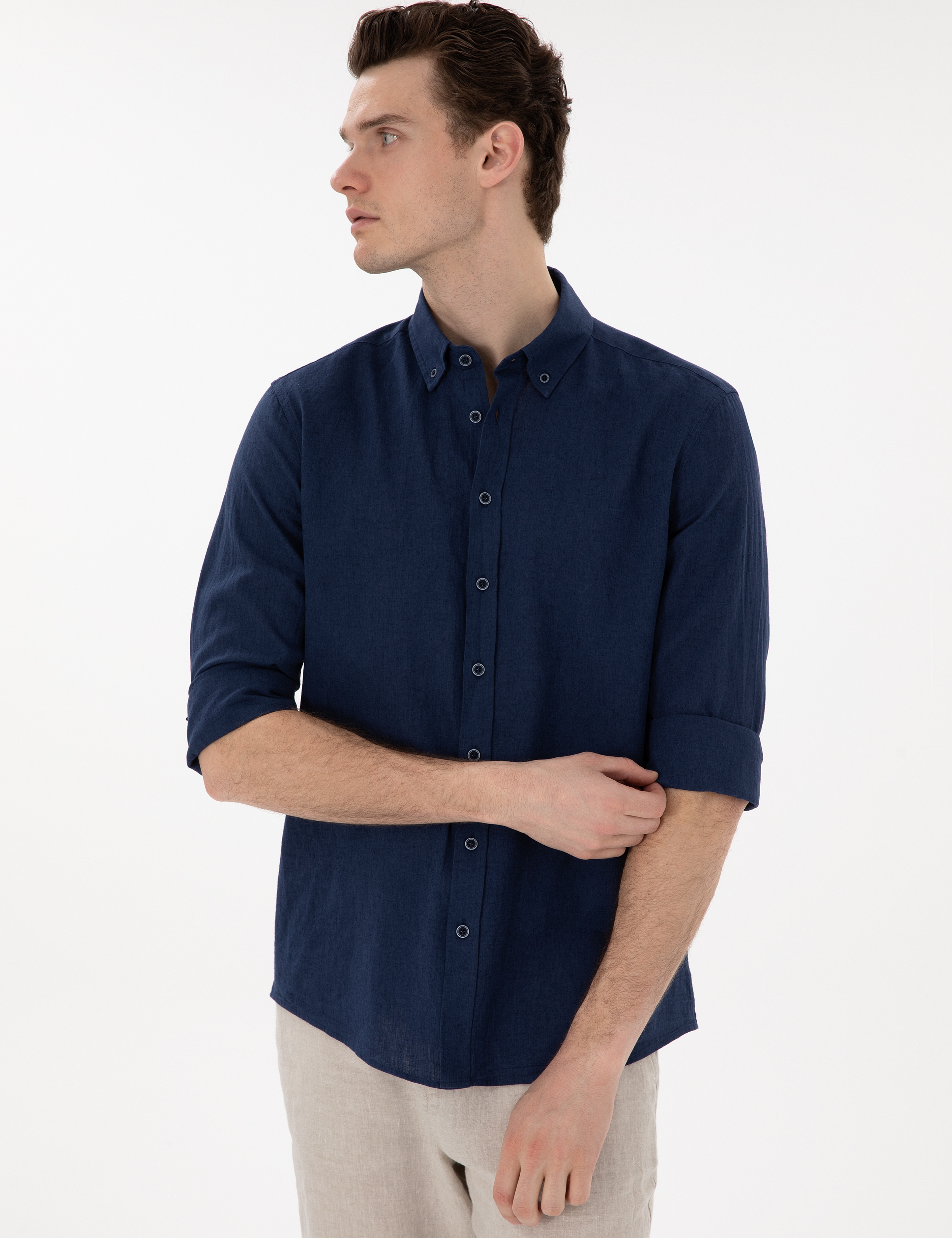 Lacivert Keten Karışımlı Regular Fit Uzun Kollu Gömlek - Image 3