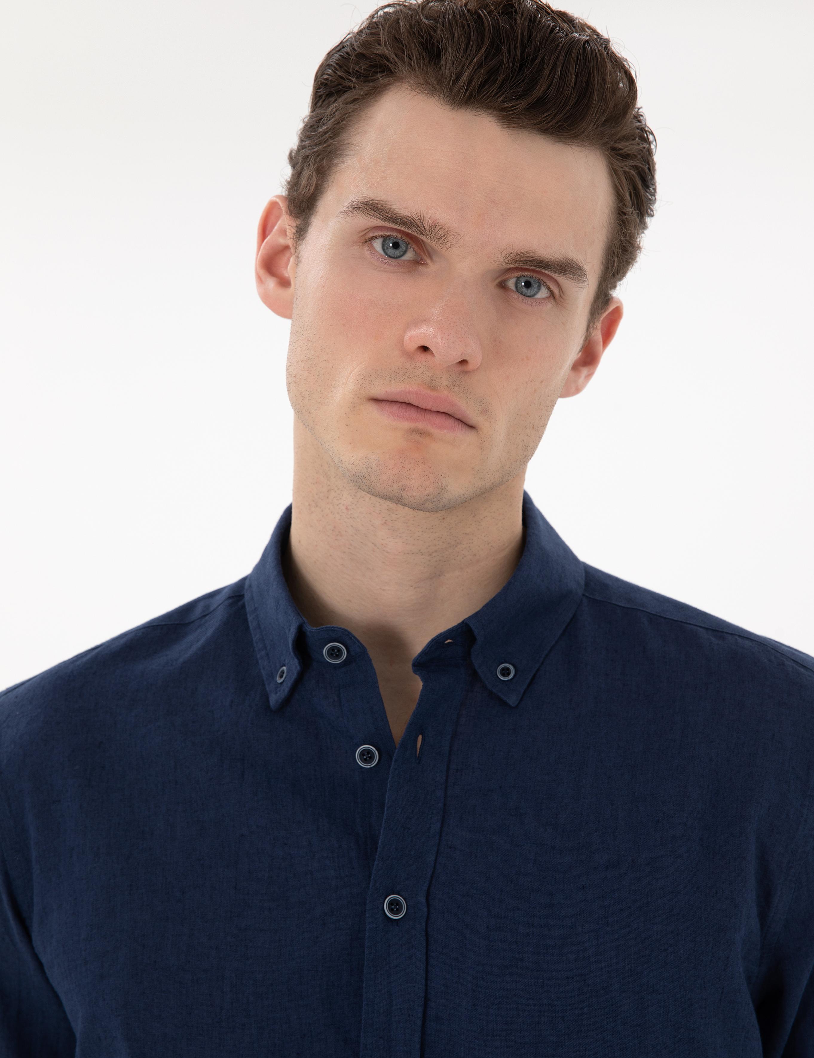 Lacivert Keten Karışımlı Regular Fit Uzun Kollu Gömlek