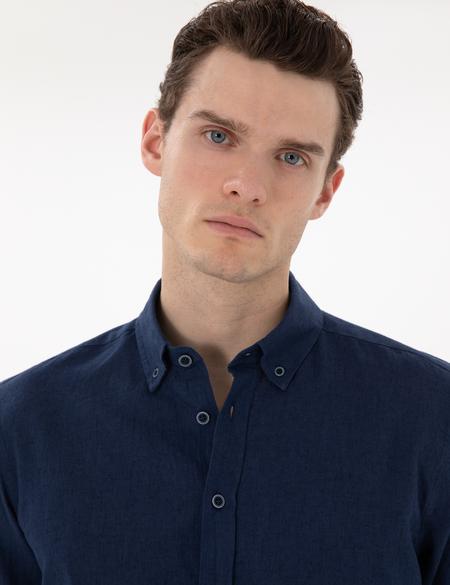 Lacivert Keten Karışımlı Regular Fit Uzun Kollu Gömlek - 50303245010