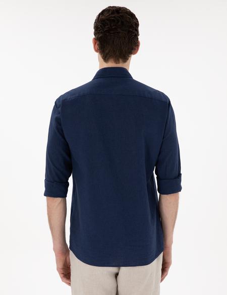 Lacivert Keten Karışımlı Regular Fit Uzun Kollu Gömlek - 50303245010
