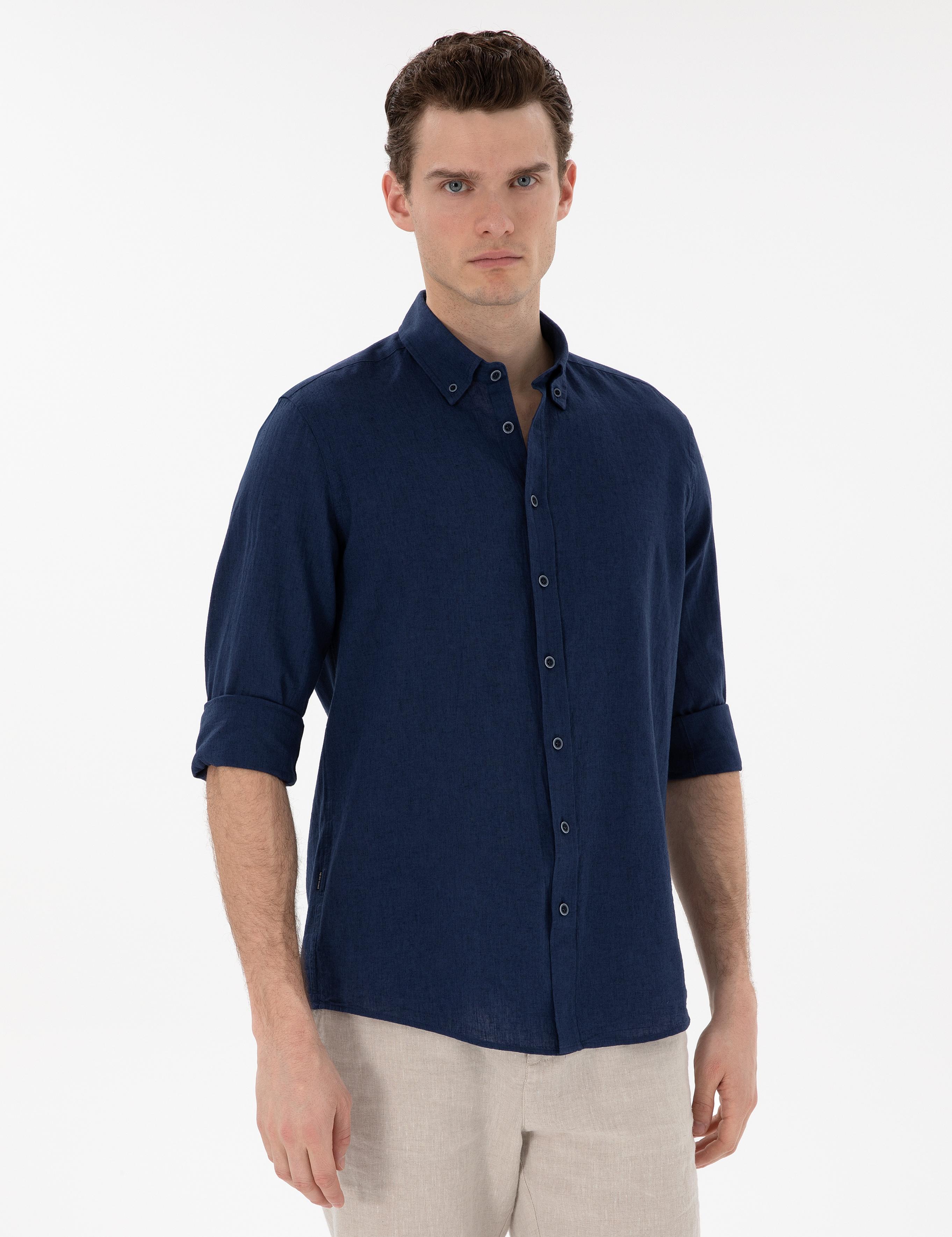 Lacivert Keten Karışımlı Regular Fit Uzun Kollu Gömlek