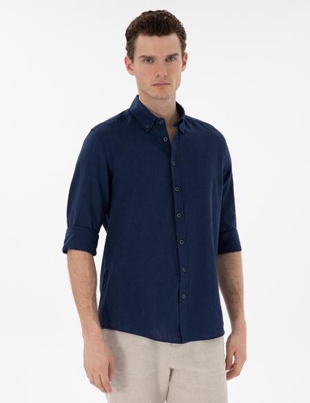 Lacivert Keten Karışımlı Regular Fit Uzun Kollu Gömlek - 50303245010