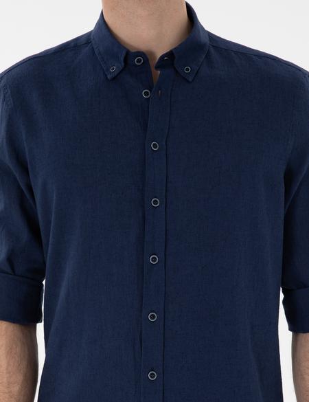 Lacivert Keten Karışımlı Regular Fit Uzun Kollu Gömlek - 50303245010