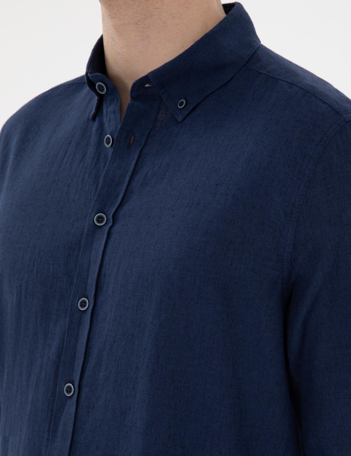 Lacivert Keten Karışımlı Regular Fit Uzun Kollu Gömlek - 50303245010