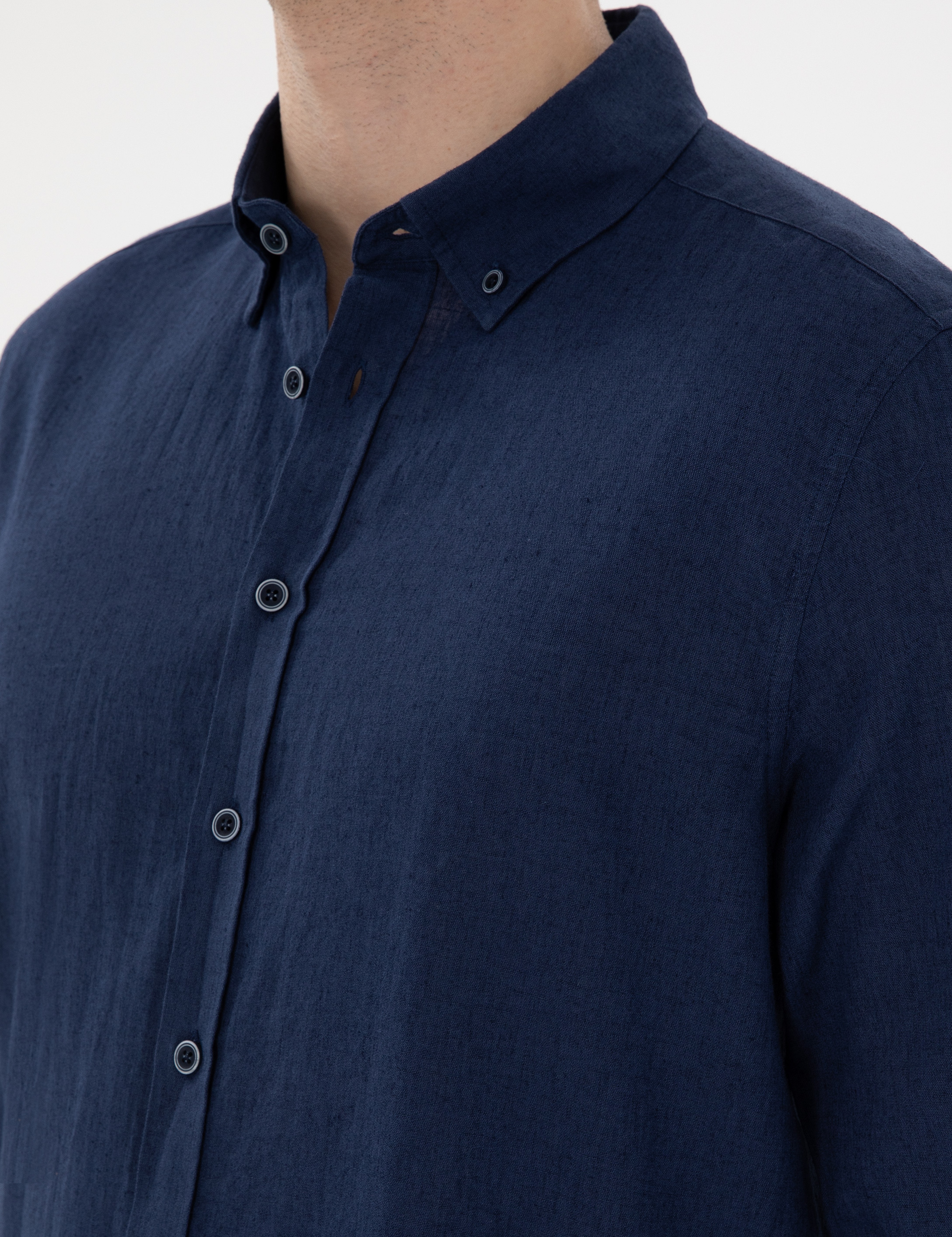 Lacivert Keten Karışımlı Regular Fit Uzun Kollu Gömlek - Image 7