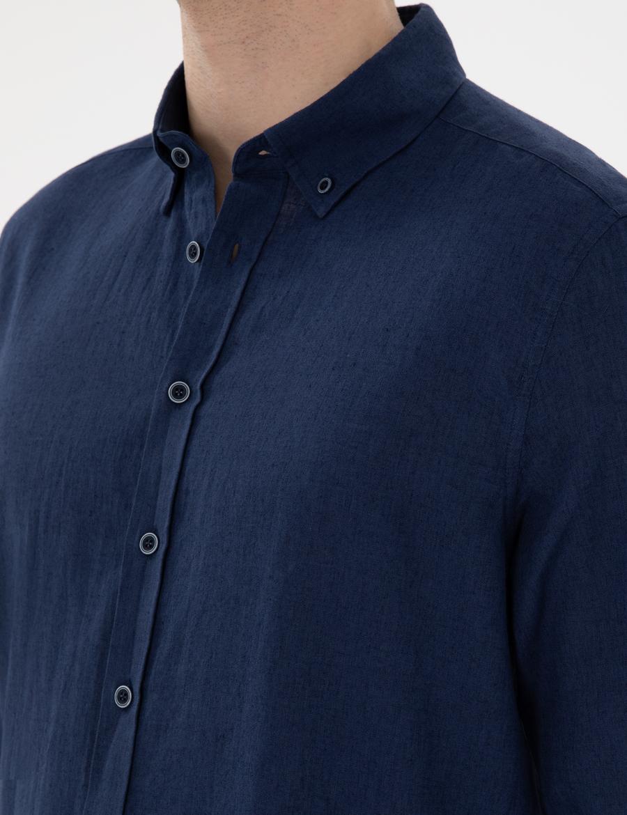 Lacivert Keten Karışımlı Regular Fit Uzun Kollu Gömlek