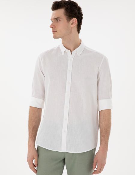 Beyaz Keten Karışımlı Regular Fit Uzun Kollu Gömlek - 50303245073