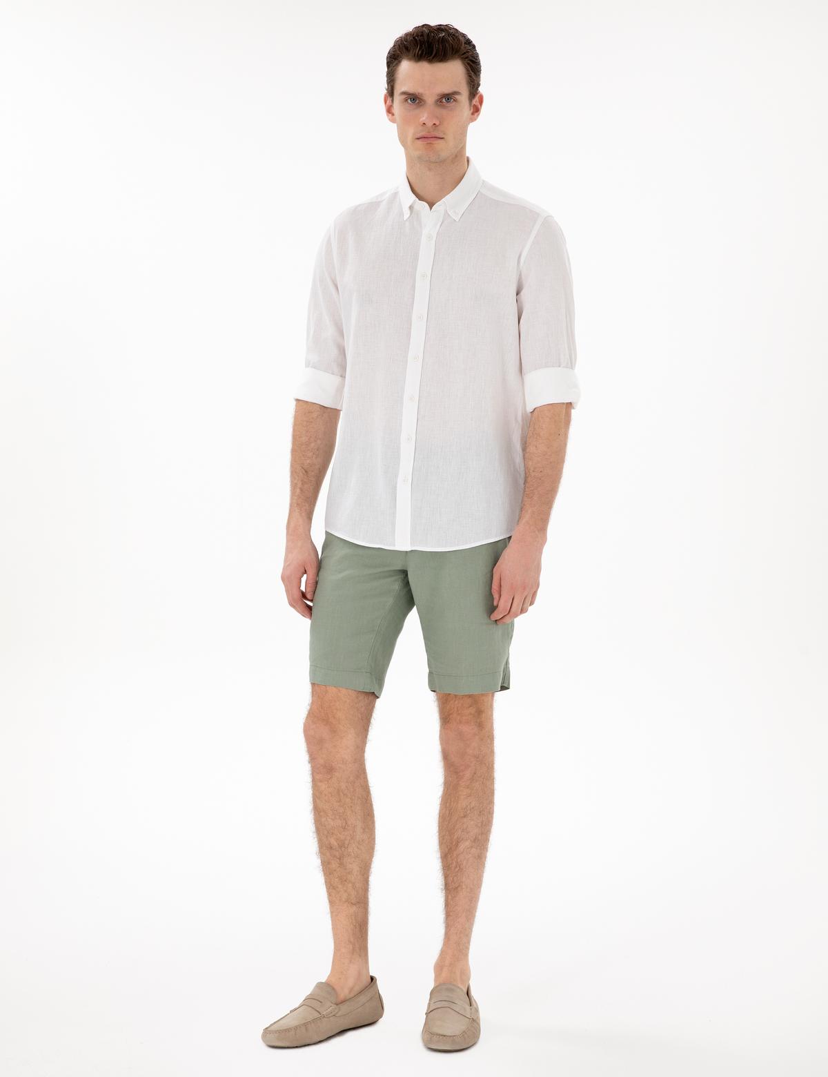 Beyaz Keten Karışımlı Regular Fit Uzun Kollu Gömlek - 50303245073