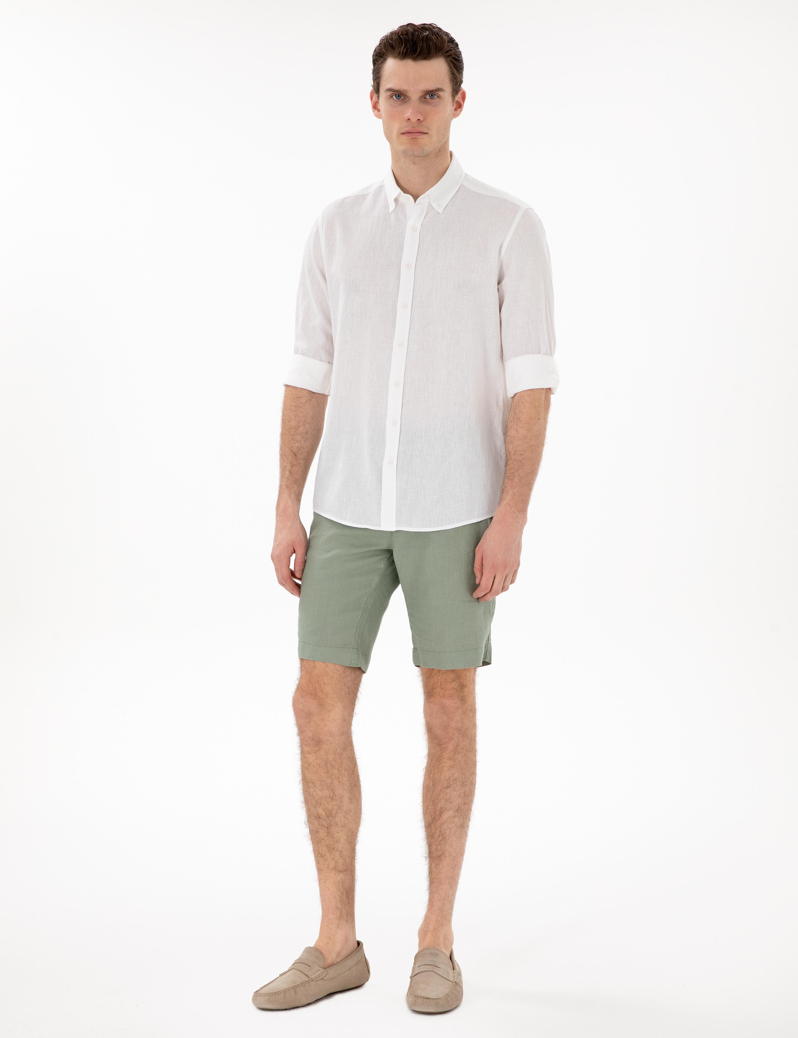 Beyaz Keten Karışımlı Regular Fit Uzun Kollu Gömlek