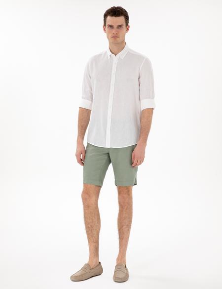 Beyaz Keten Karışımlı Regular Fit Uzun Kollu Gömlek - 50303245073