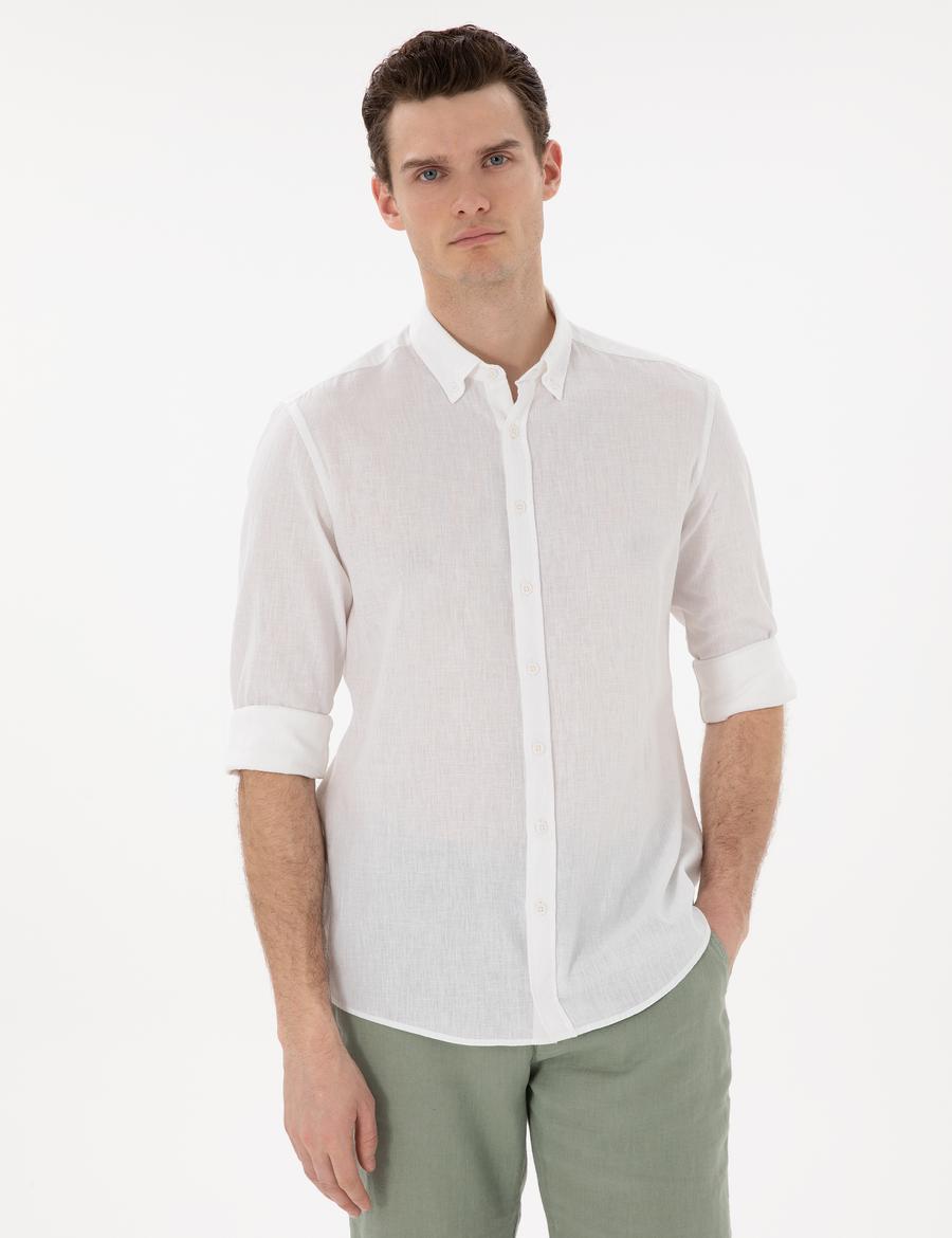 Beyaz Keten Karışımlı Regular Fit Uzun Kollu Gömlek