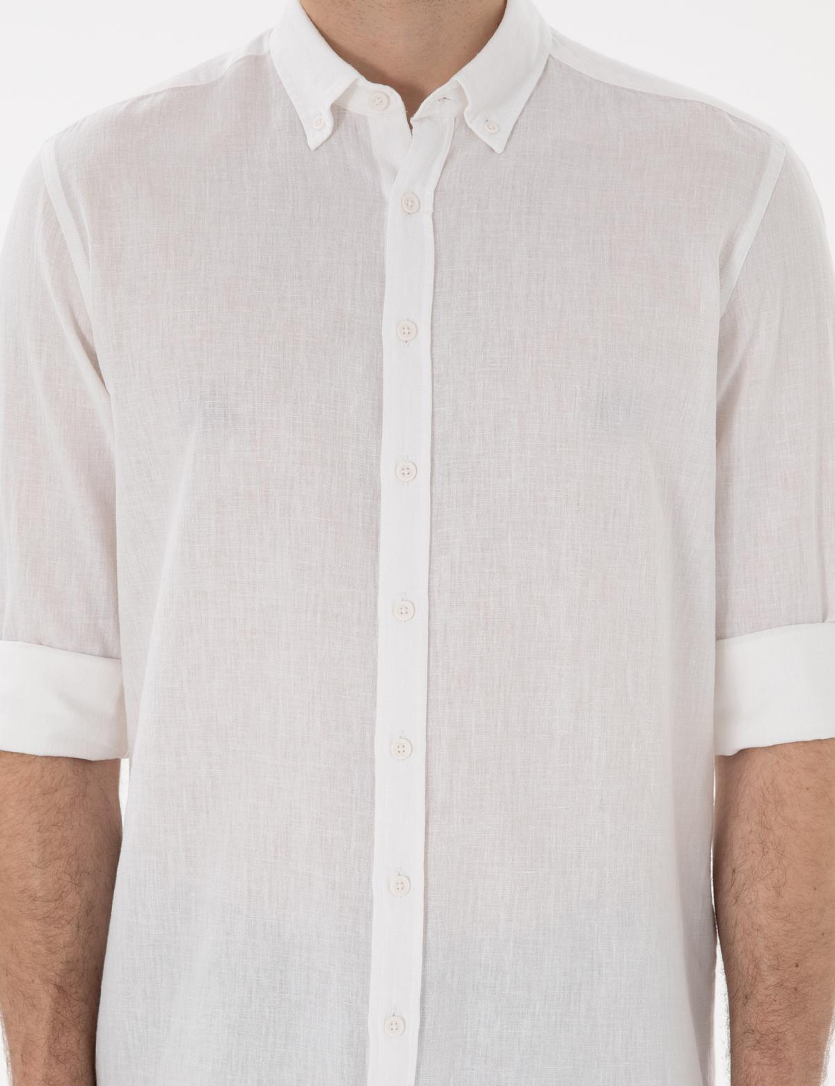 Beyaz Keten Karışımlı Regular Fit Uzun Kollu Gömlek - 50303245073