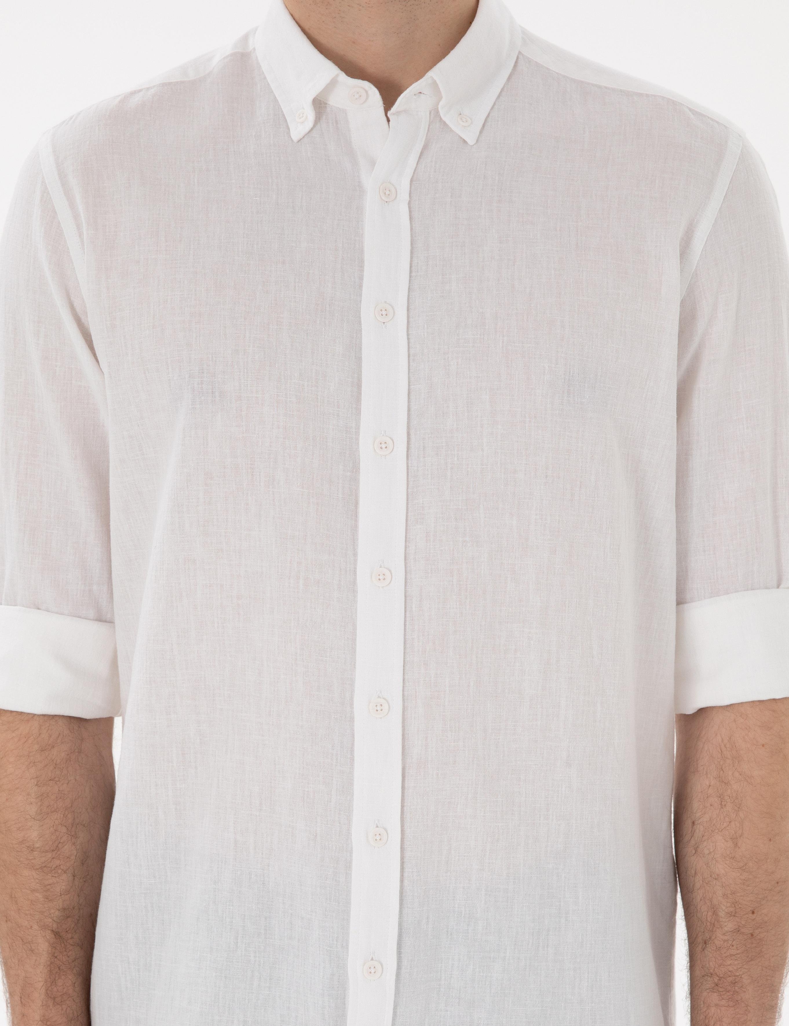 Beyaz Keten Karışımlı Regular Fit Uzun Kollu Gömlek