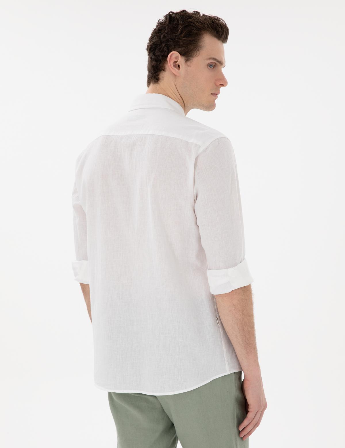 Beyaz Keten Karışımlı Regular Fit Uzun Kollu Gömlek - 50303245073