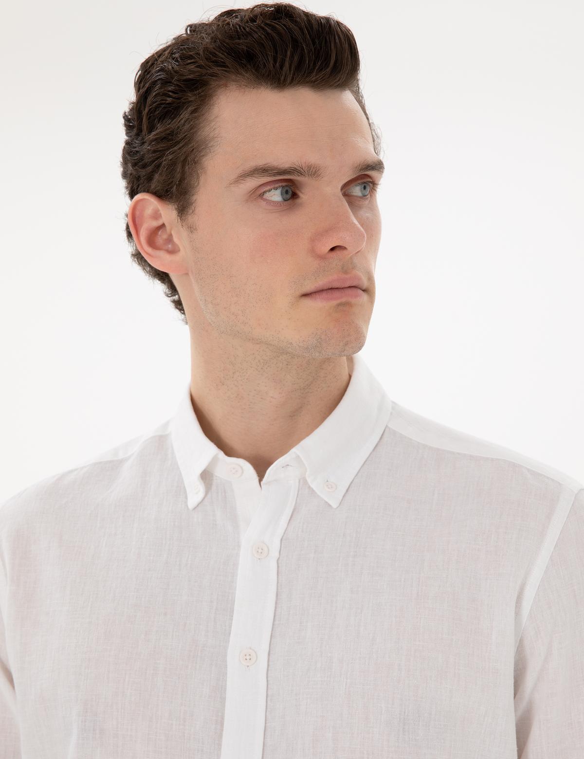 Beyaz Keten Karışımlı Regular Fit Uzun Kollu Gömlek - 50303245073