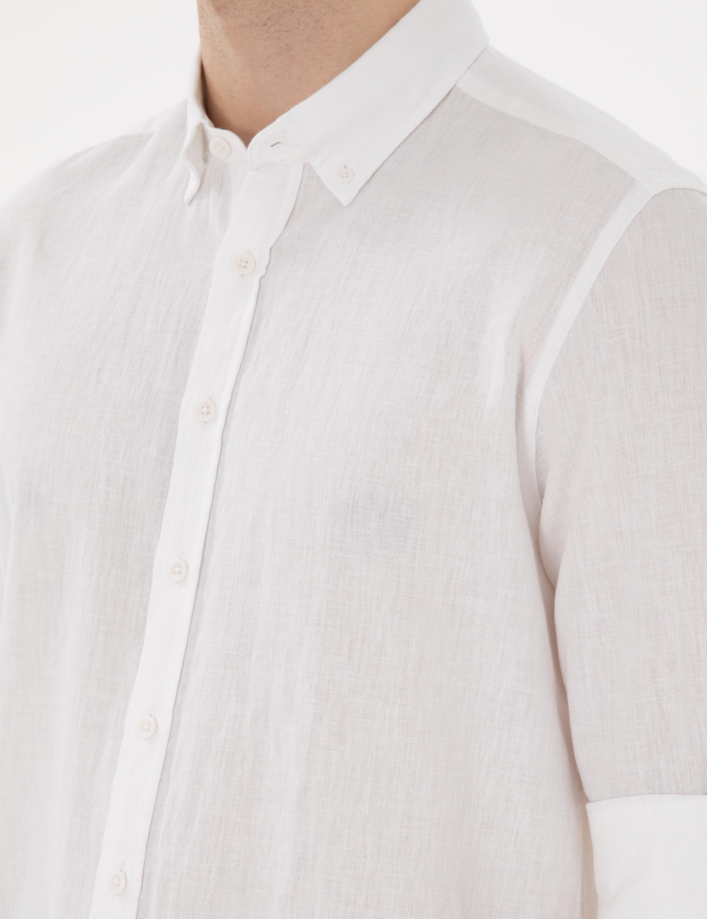 Beyaz Keten Karışımlı Regular Fit Uzun Kollu Gömlek